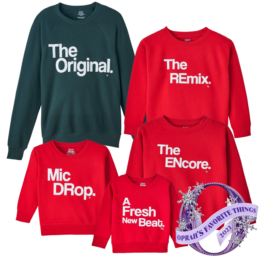 matching holiday sweatshirts on orpah's favorite things list. the kids wear red and the parents wear green