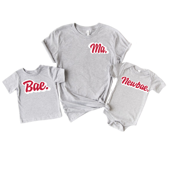 Matching Mom and Child Shirts - Ma, Bae, and Newbae (Heather Grey)