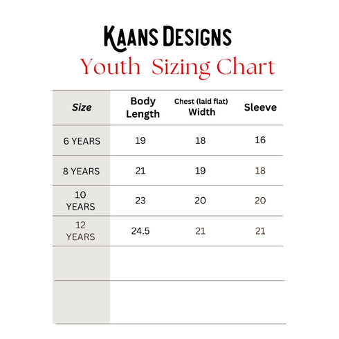 youth sizing chart for kaans designs shirts