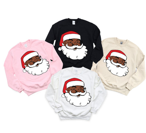 4 sweatshirts in pink, black, tan, and white with black Santa Claus face cute for holiday wear or Christmas photos