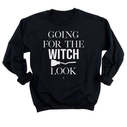 black sweatshirt with white ink and a broom that says going for the witch look for halloween outfits