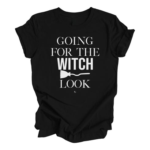 black shirt short sleeve with design text graphic shirt that says going for the witch look