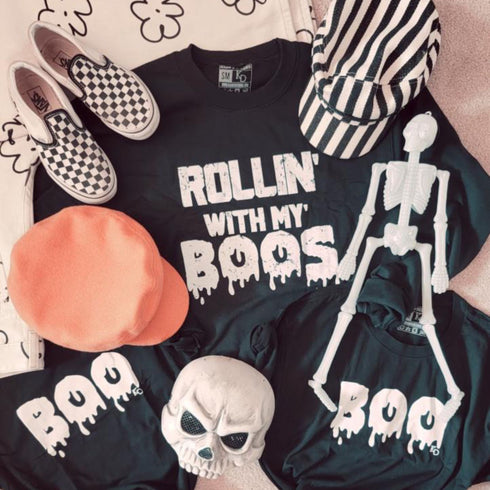 Mommy and Me - Halloween Matching Set - Rollin' With My Boos - Black Sweatshirt/T-shirt