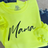 close up of womens pullover sweatshirt with screen print design that says mama the color is a highlighter green cozy and cute casual sweatshirt