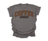 pepper color t-shirt that is comfort colors with design that says coffee weather in crew neck shirt.