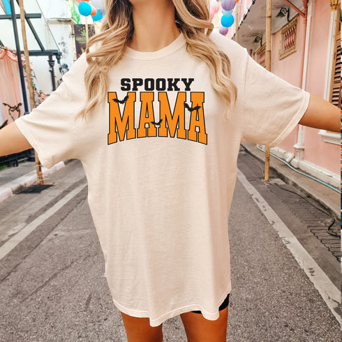 spooky mama screen print shirt natrual color with orange text for halloween seasaon