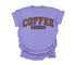 violet t-shirt that is comfort colors with design that says coffee weather in crew neck shirt.