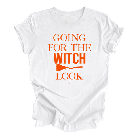 white tshirt that says going for the witch look with orang ink short sleeve shirt