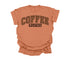 yam color t-shirt that is comfort colors with design that says coffee weather in crew neck shirt.
