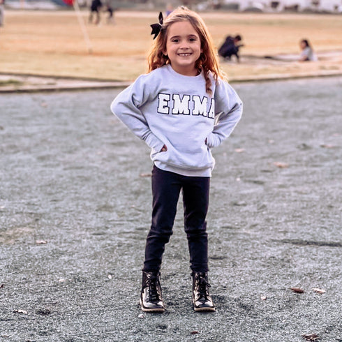 chenille patches, customizable, sweatshirt, varsity letters