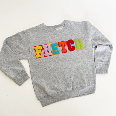 customizable chenille sweatshirt, iron on, patches, multi color, cute, adorable, birthday gift, sweatshirt