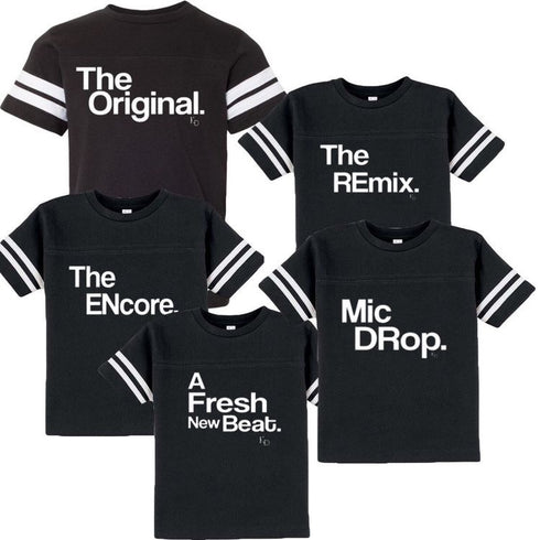 mock up of football style matching shirts that has screen print designs the original the remix shirts for family of 6 shirts