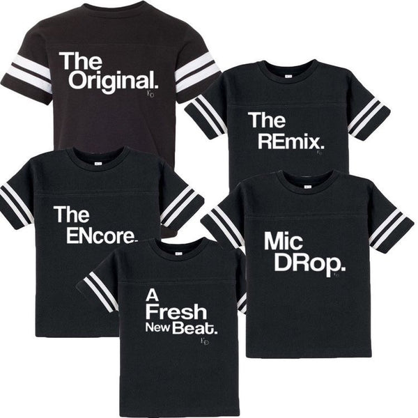 mock up of football style matching shirts that has screen print designs the original the remix shirts for family of 6 shirts