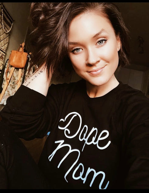 black sweatshirt pullover with screen print text that says dope mom pullover