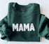 forest green pullover sweatshirt with text that says mama design flat lay, super cute sweatshirt for warm weather, cute to wear oversized
