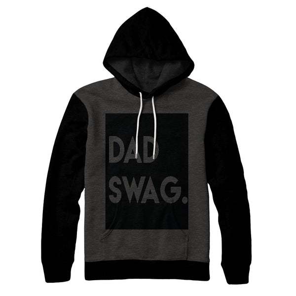 Two Toned Grey and Black Hoodie for men, mock up photo displaying hoodie for dads, the text says dad swag as a screen print with black background highlighting and a white drawstring
