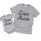 baby and adult matching shirts, color is heather grey with black ink, screen print says dope auntie and dope babe for matching adult and baby shirts