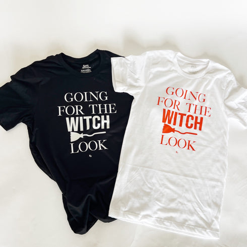 black and white halloween themed shirts with screen print design going for the witch look unisex crew neck shirts