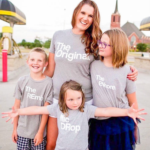 classic grey t-shirt, mama, kids, the original , the remix, mic drop, matching shirts, mother