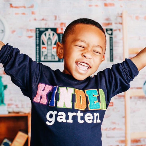 kindergarten shirt, first day of school, sweatshirt, patches, custom, iron on patch, happy, joyful, cute boy, clothing, tees