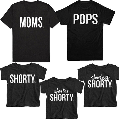 set of five shirts mock up for families matching in black shirts for mom, dad, older kid, middle kid and baby