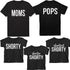 set of five shirts mock up for families matching in black shirts for mom, dad, older kid, middle kid and baby