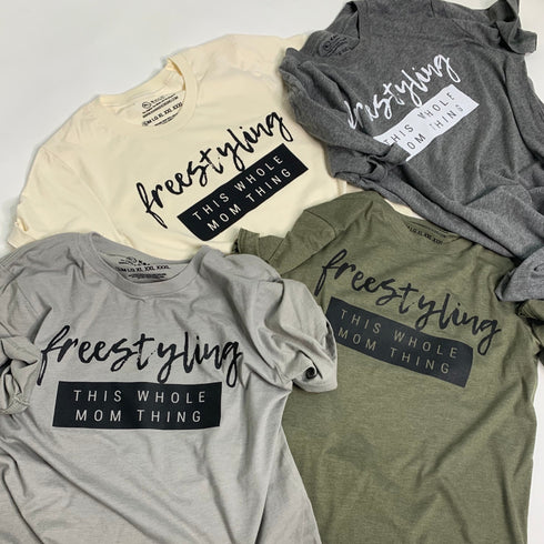 mom tops and tees, unisex clothing, freestyling this whole mom thing, pregnancy shirt, mothers day shirt, mama, mom, t shirt, graphic t-shirt, mama design, birthday gift, mama shirts, crew neck shirts, mom of 5, parenthood