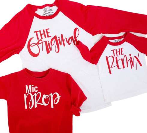 The Original, Remix, and Encore® Script Raglan Style Matching Set - Red Font