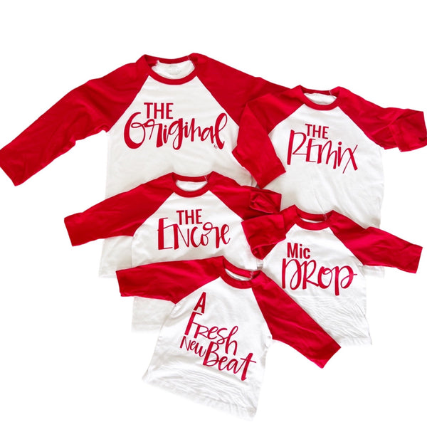 The Original, Remix, and Encore® Script Raglan Style Matching Set - Red Font